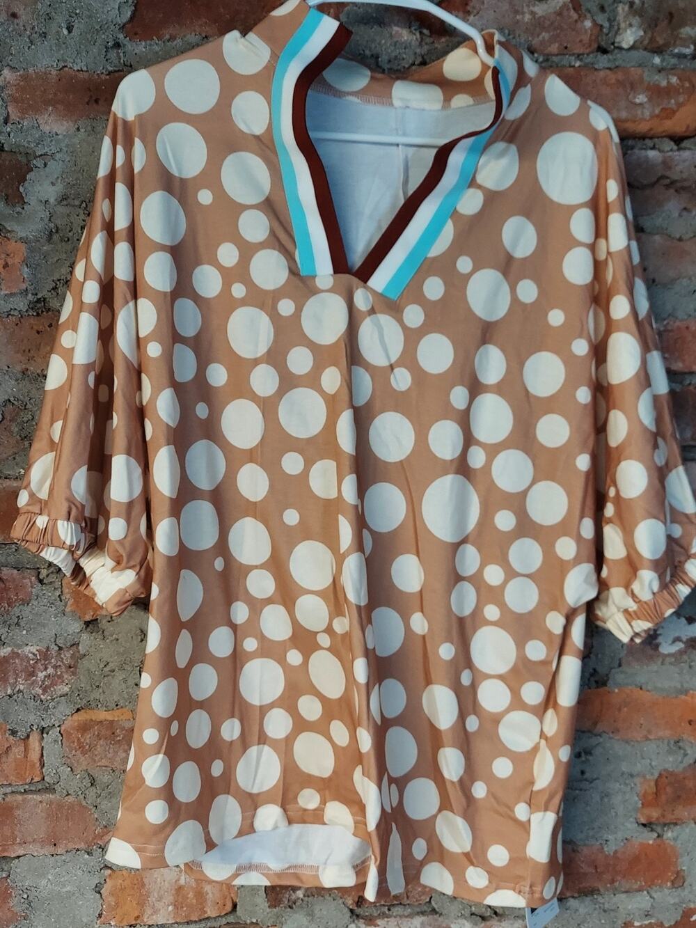 SAMEFAR Womens Blouse XL Tan White Polka Dot V Neck Dolman Sleeve Polyester